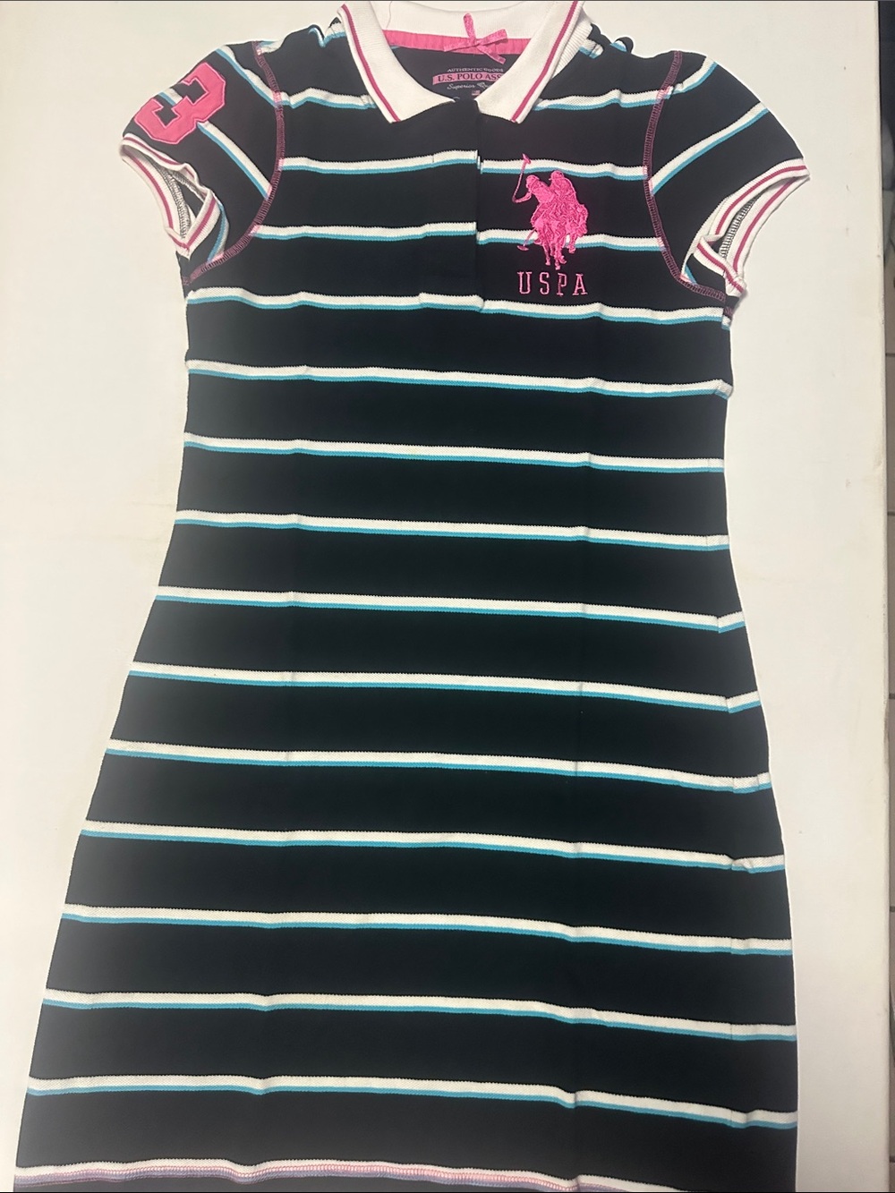 U.S. Polo Assn. Black Striped Polo Dress with Pink Logo